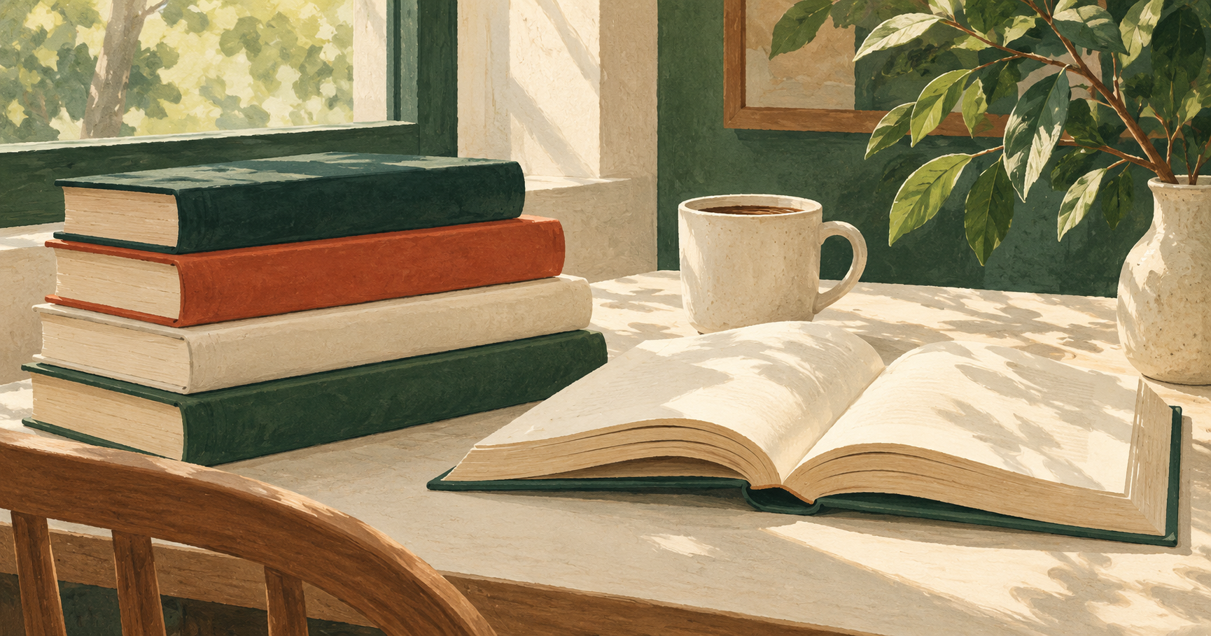 Original AI illustration of books, a coffee cup and leaves beside a window, representing a reading afternoon.