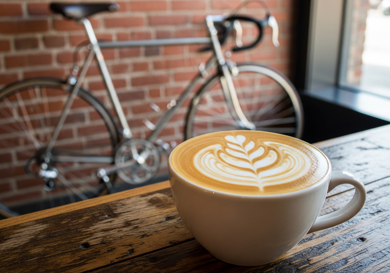 Cappuccino with leaf latte art on a wood counter at Bicycle Coffee, Oakland