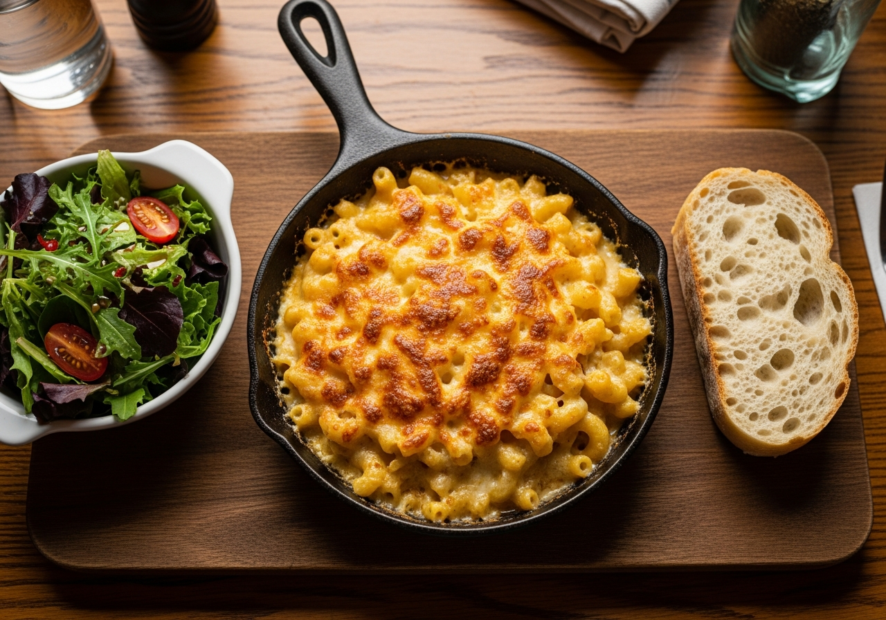 Bubbling baked mac-and-cheese in a cast-iron skillet at Homeroom, Oakland's mac-and-cheese restaurant