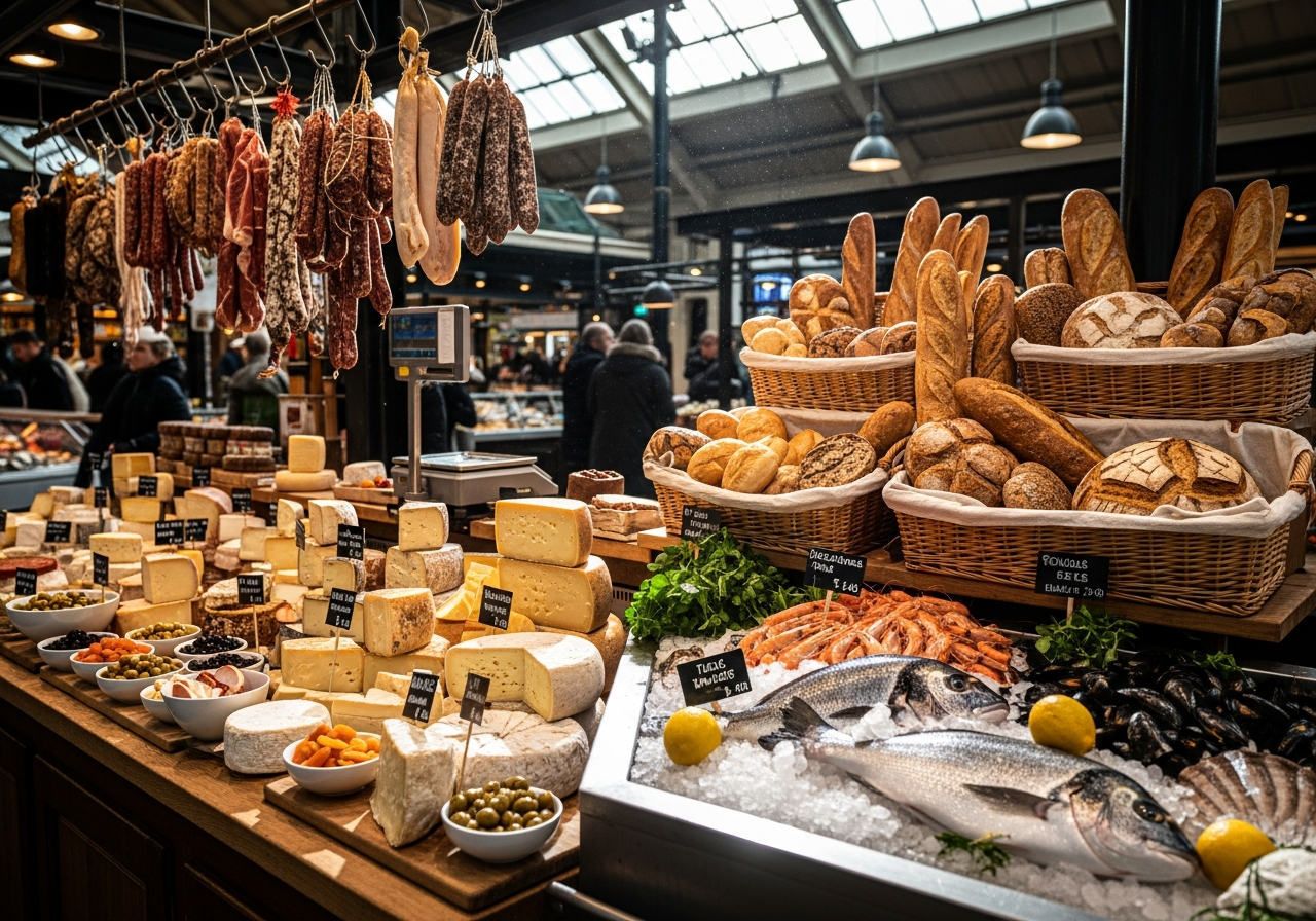 Inside Market Hall: a European-style food hall with cheese counter, fresh bread, and prepared foods at the Rockridge BART