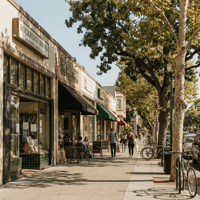 College Avenue in Rockridge with shops, restaurants, trees, and evening neighborhood activity