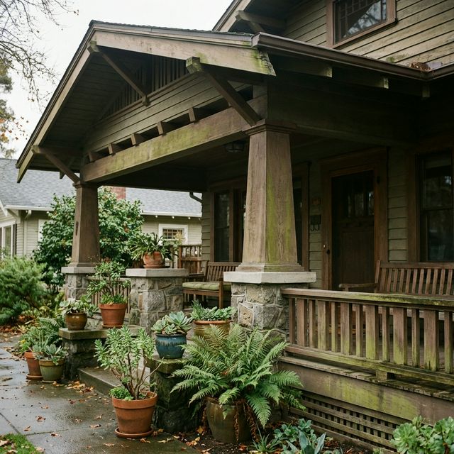 Close-up of a California craftsman bungalow front porch in Rockridge with original wood columns and potted plants