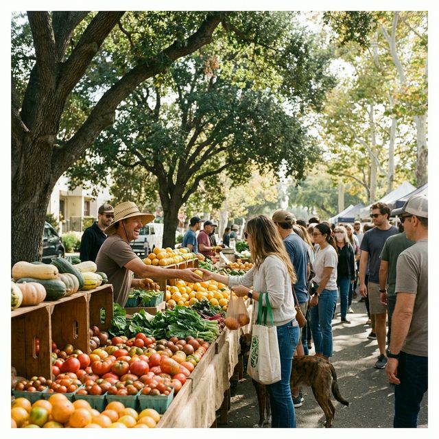 Sunday farmers market in Rockridge Oakland with produce stalls and shoppers under oak trees