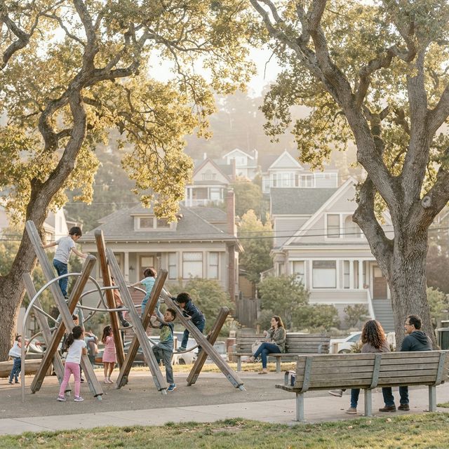Kids playing at a Rockridge neighborhood park with parents nearby and craftsman houses in the background