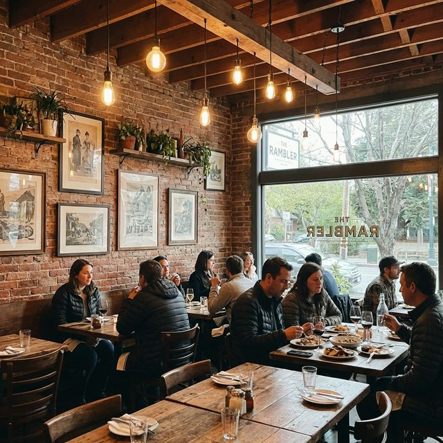 Warm interior of a Rockridge restaurant on College Avenue with Edison lighting and exposed brick