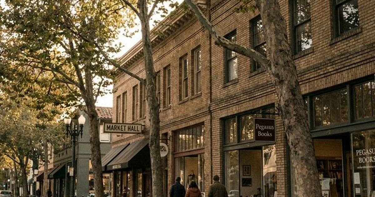 Brick storefronts and trees in the Rockridge Guide's streetscape image